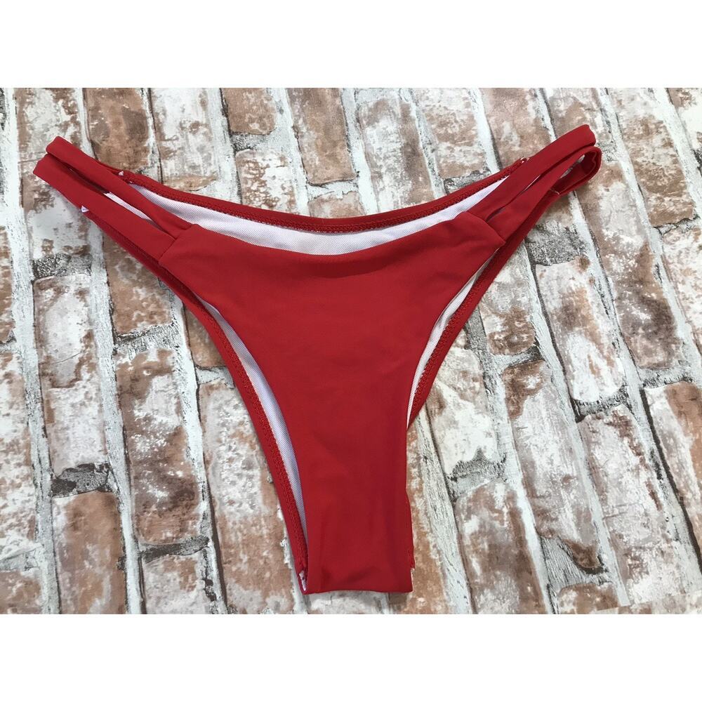 Red Double Straps Cheeky V Bottom Thong Swim Bikini Women's Sexy Sz M